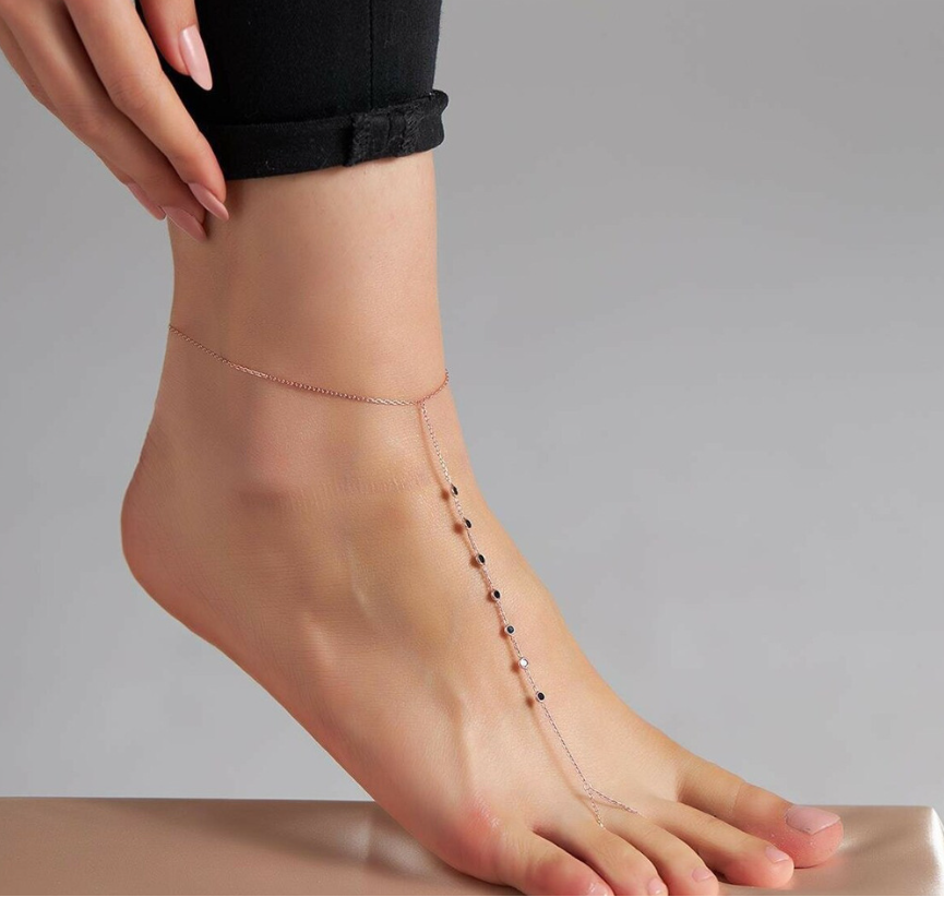 Black Beach Foot Jewelry Chain Crystal Beaded Ankle Bracelet with Toe Ring